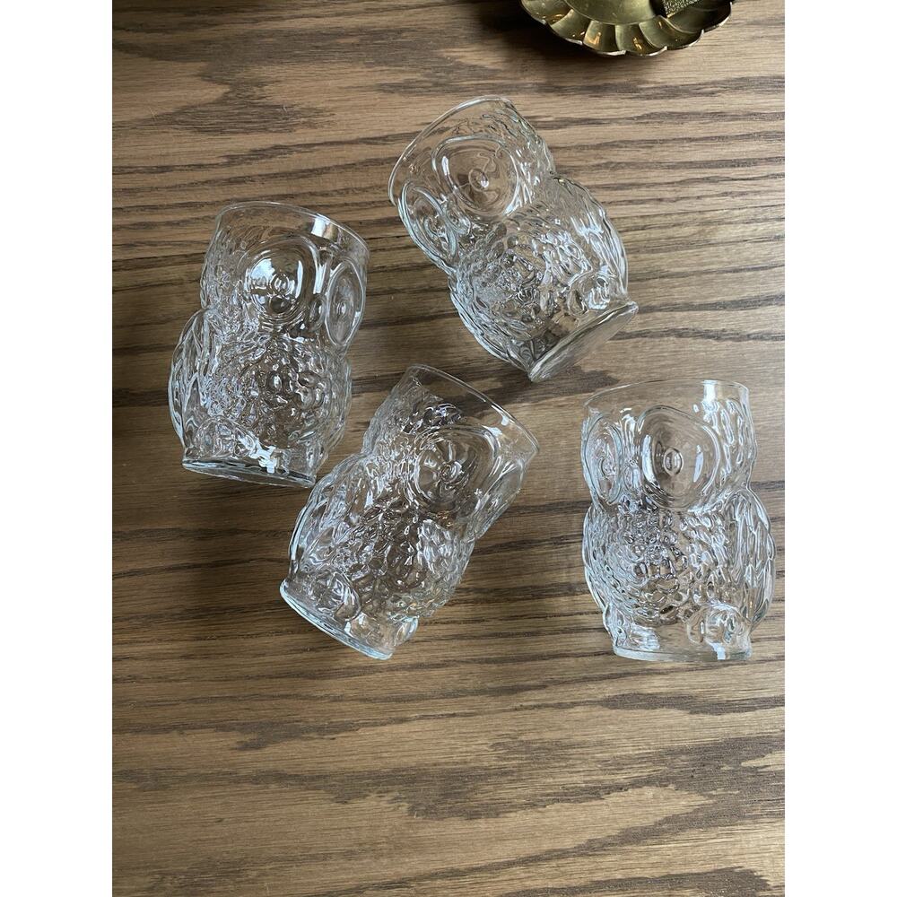 Vintage 1970s Libbey Owl Shaped Tumbler Glass Set Of 4 Owl Glasses